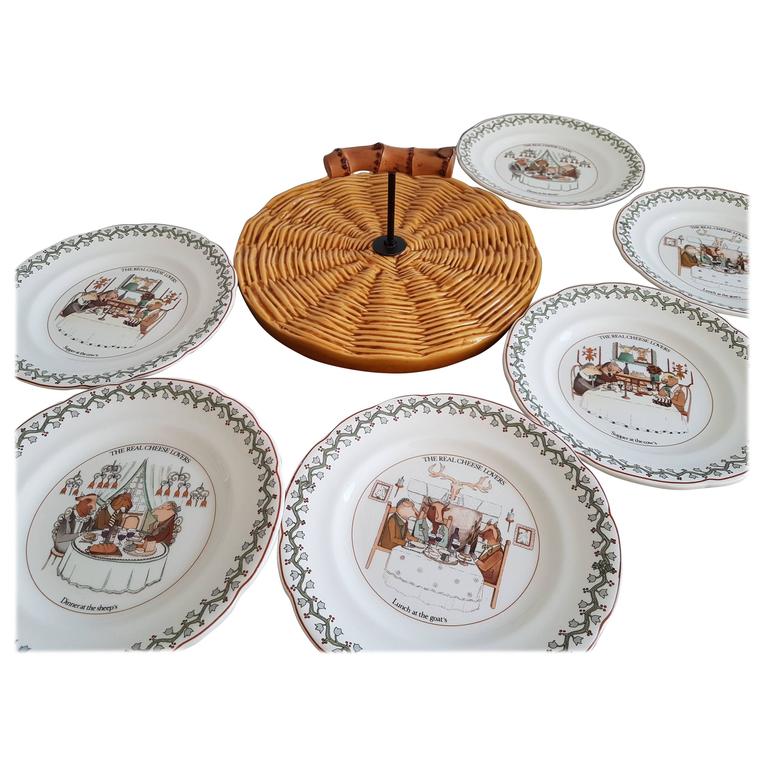 Cheese Set, One Barbotine Platter and Six Dishes by Gien, France For
