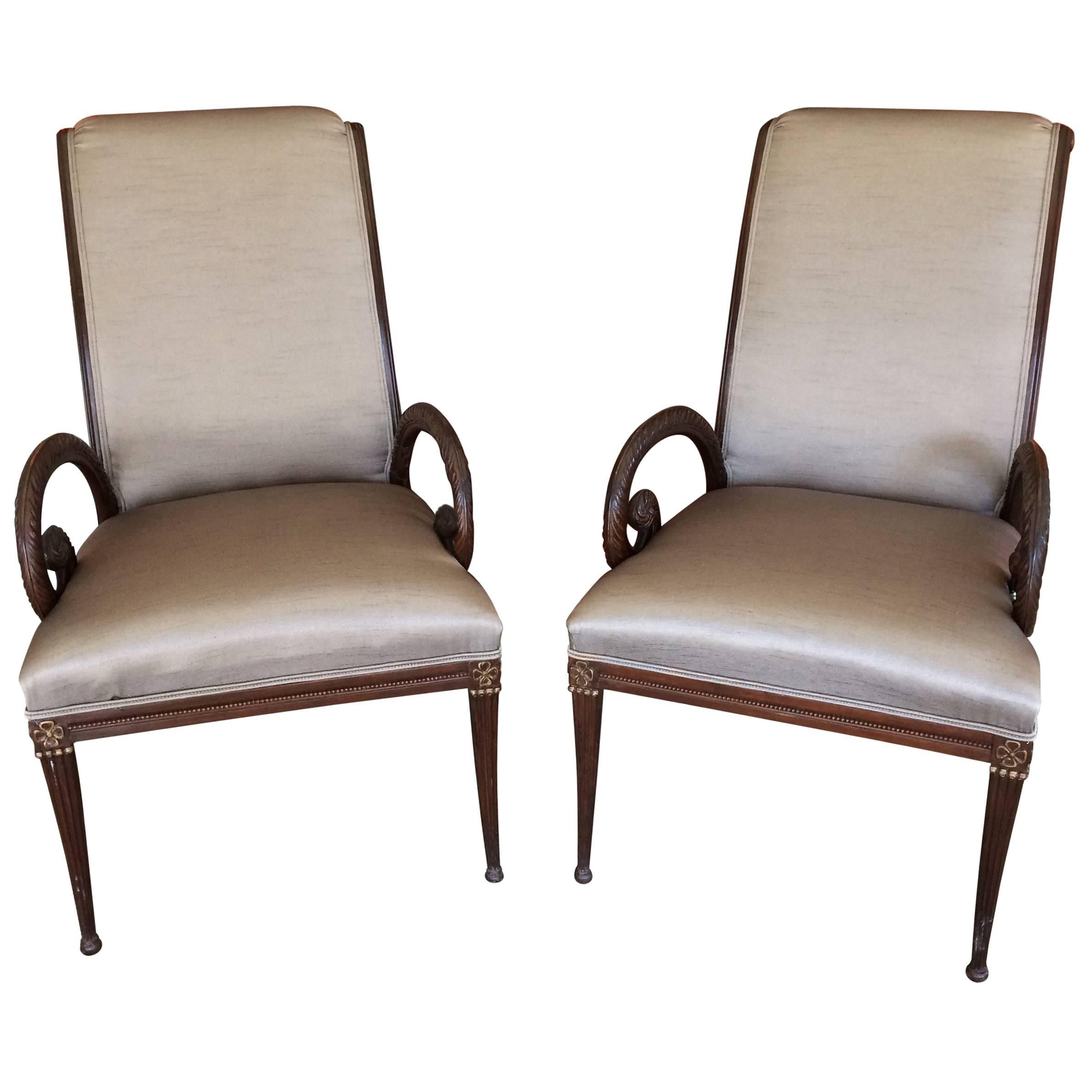 Pair of Gorgeous Carved Walnut and Upholstered Armchairs