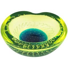 Large Galliano Ferro Yellow Green and Blue Controlled Bubbles Murano Glass Bowl