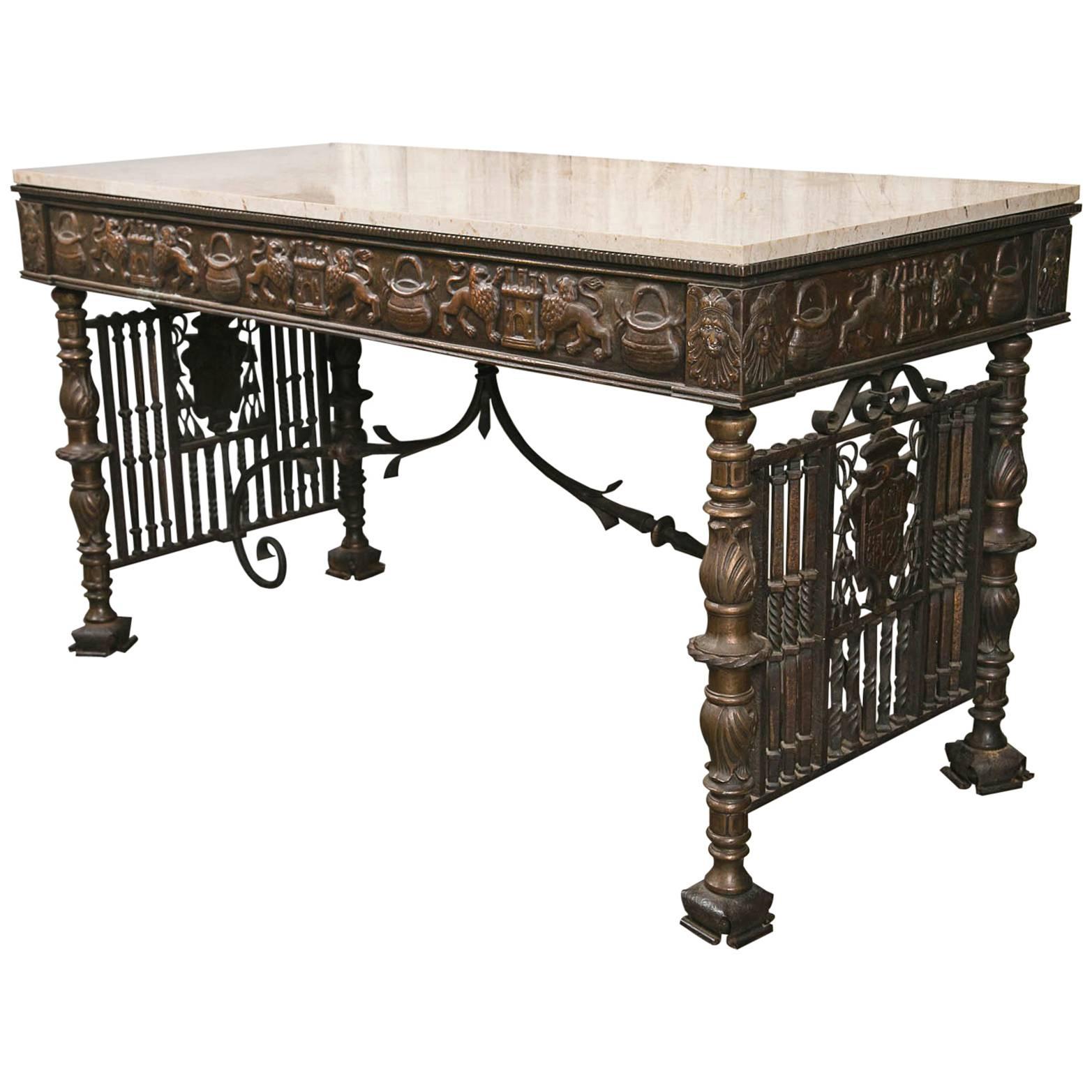 Fantastic Bronze and Iron Center Table with Marble Top For Sale