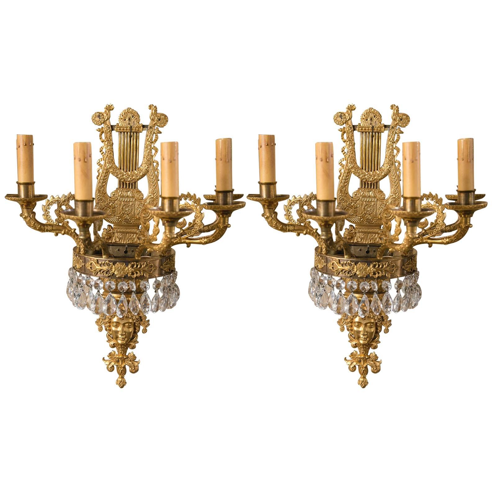 Beautiful Pair of Gilt Bronze and Crystal Drops Six-Light Sconces For Sale
