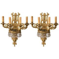 Beautiful Pair of Gilt Bronze and Crystal Drops Six-Light Sconces 10