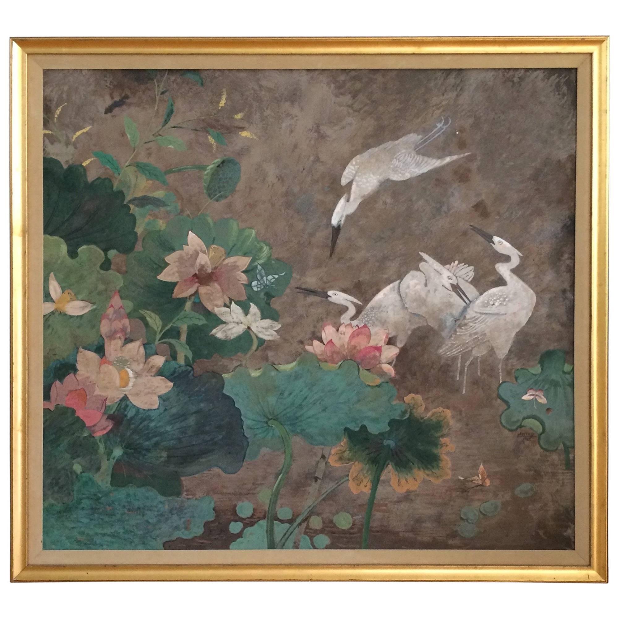 Magnificent Original Painting of Cranes and Flowers