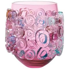 Blown Glass Pink Vessel. Murano Glass Style Pink Centrepiece Bowl