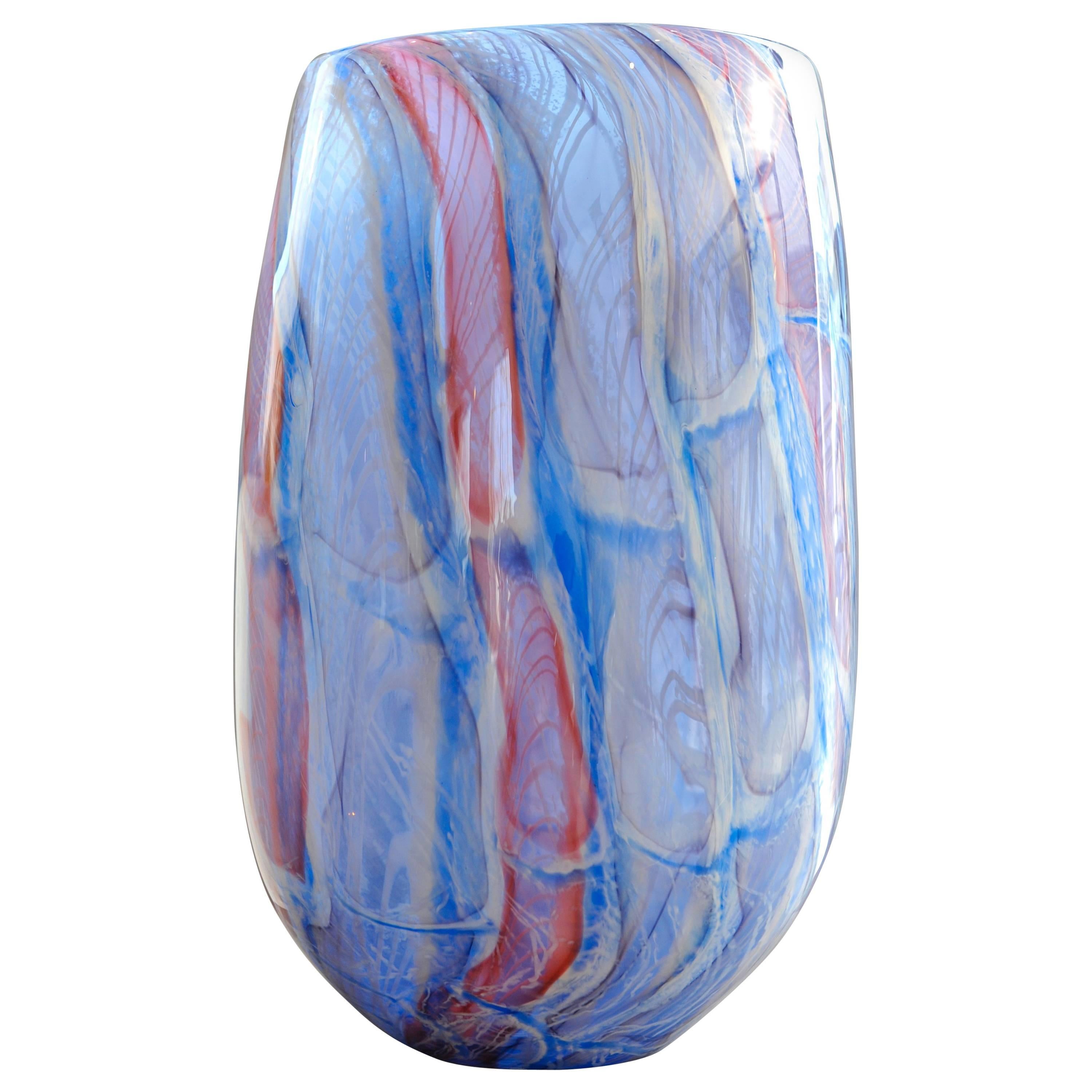 Large Blown Glass Design Vase in Blue and Red. Colorful Murano Style Glass For Sale