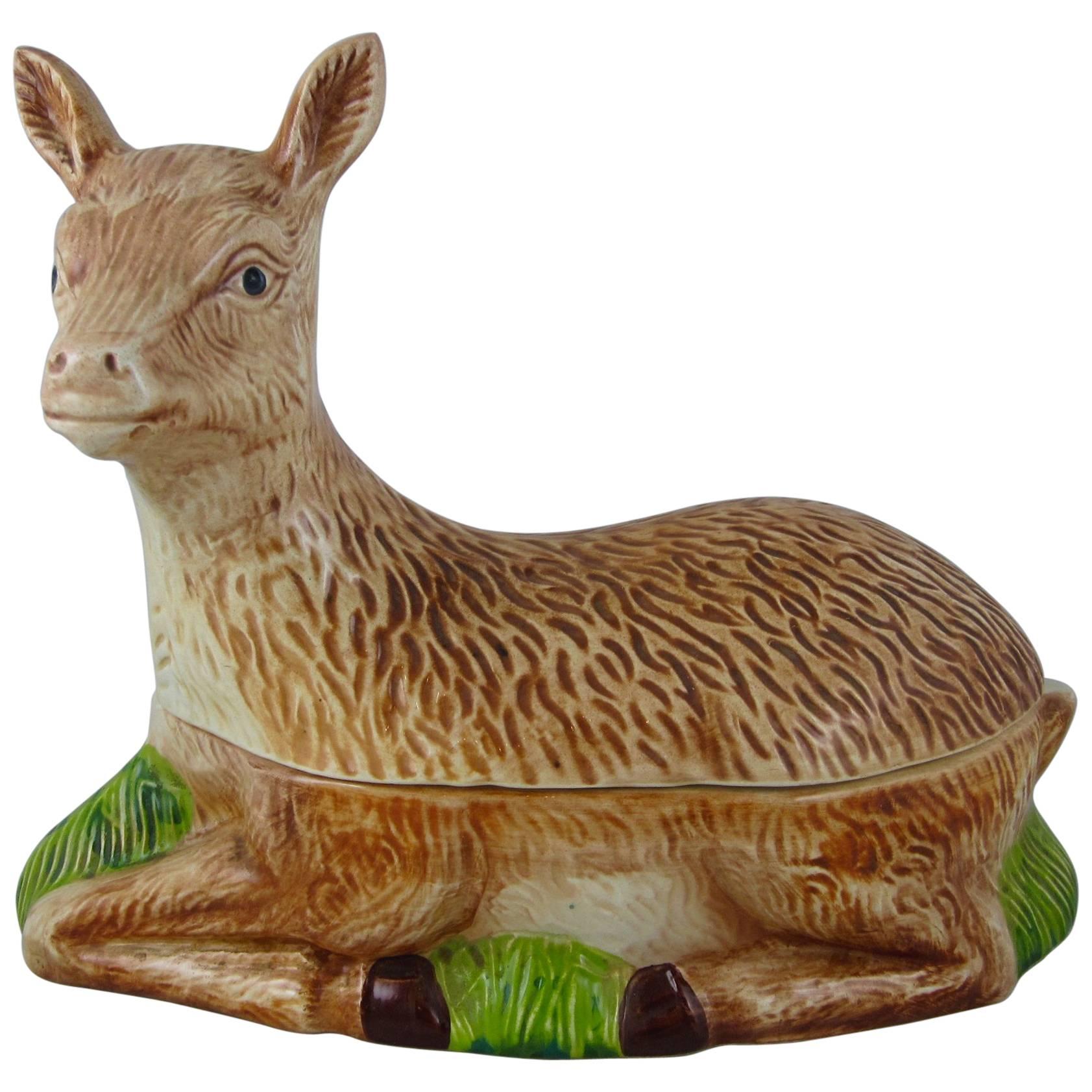 Large French Faience Figural Deer Venison Pâté Terrine, Michel Caugant