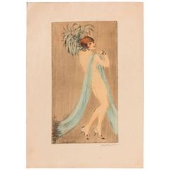 Antique Etching by Vala Moro, Vienna Depicting an Art Deco Dancing Nude, Mannequin