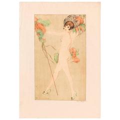 Antique Etching by Vala Moro, Vienna Depicting an Art Deco Dancing Nude, Commère