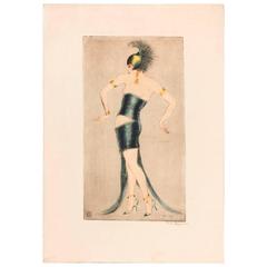 Antique Etching by Vala Moro, Vienna Depicting an Art Deco Dancing Nude, Tango