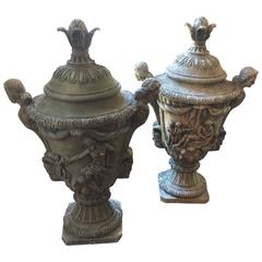 Vintage Large Pair of Neoclassical French Style Ornate Garden Sculpture Urns