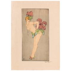 Antique Etching by Vala Moro, Vienna Depicting an Art Deco Dancing Nude, Colibri