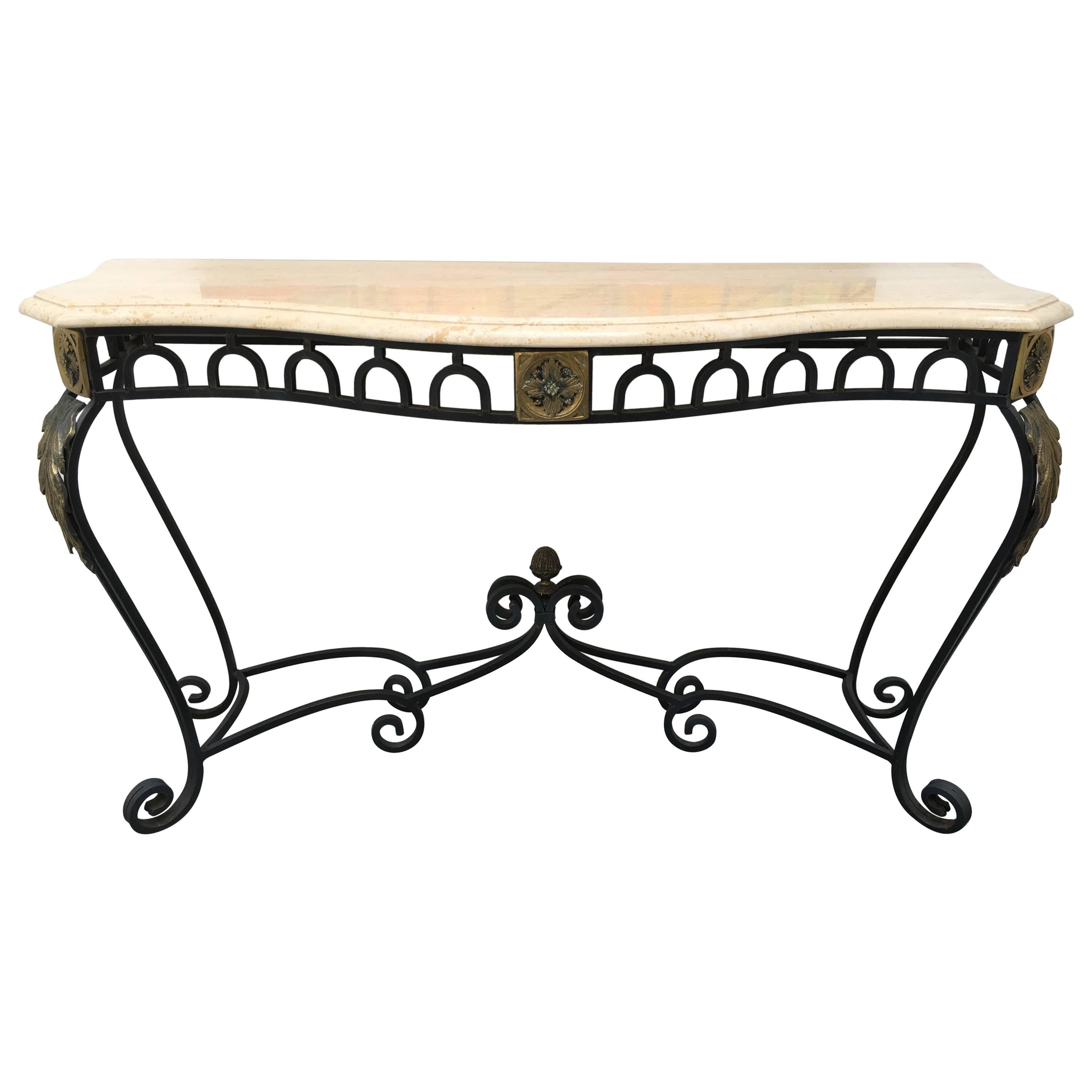 Travertine, Wrought Iron and Gilt Metal Console Table For Sale