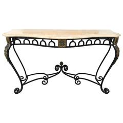 Travertine, Wrought Iron and Gilt Metal Console Table