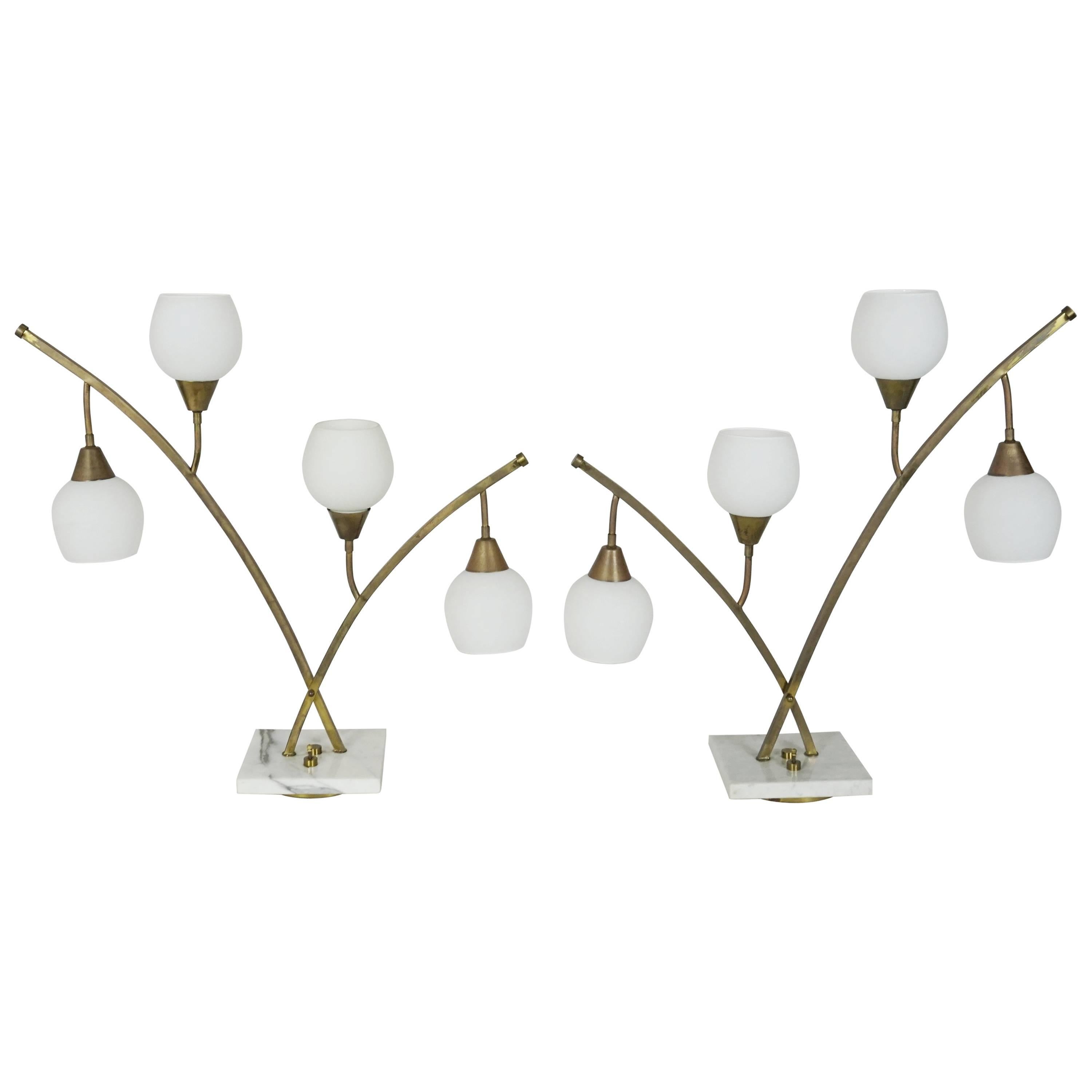 Expansive Narrow Brass & Marble Mid-Century 4-Light Table Lamps w/ Glass Shades For Sale