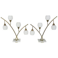 Retro Expansive Narrow Brass & Marble Mid-Century 4-Light Table Lamps w/ Glass Shades