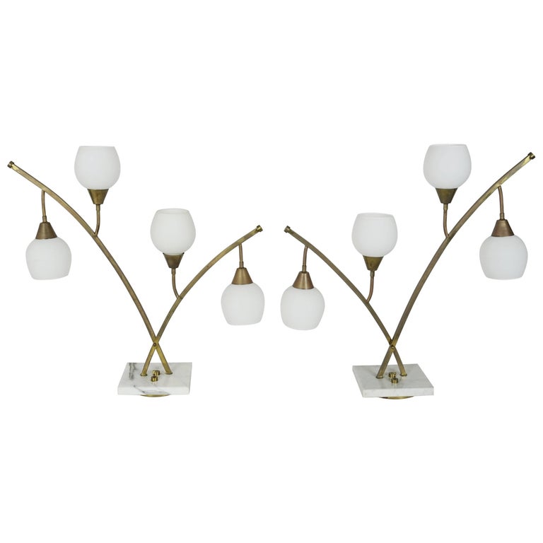 Expansive Narrow Brass and Marble MidCentury 4Light Table Lamps w