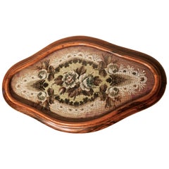 Antique Victorian Beadwork Walnut Shaped Oval Walnut Frame Centrepiece Tray