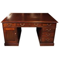 19th Century Antique Partner Desk with Burgundy Red Leather Top