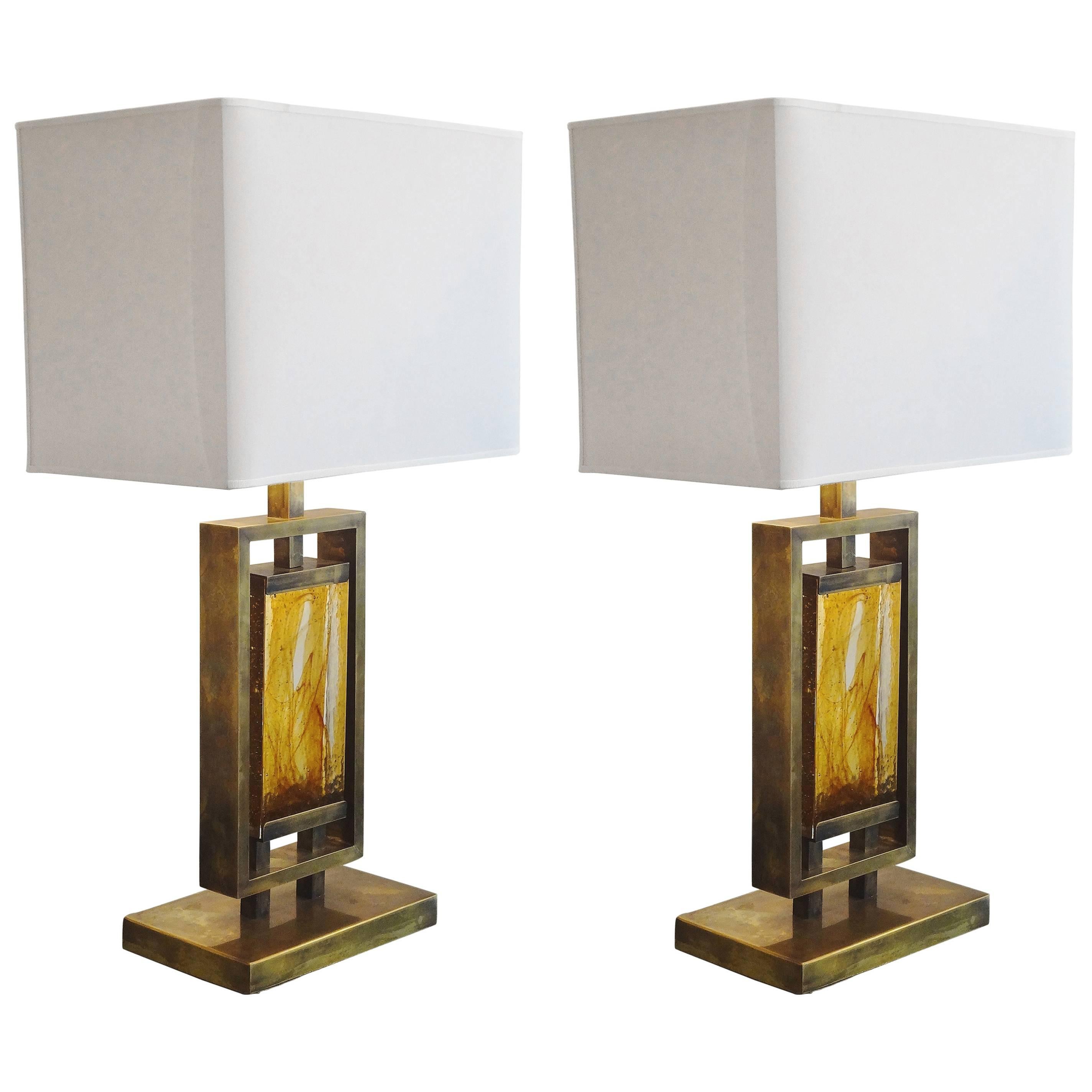 Pair of Gilt Brass and Resin Table Lamps, Italy, 1970s