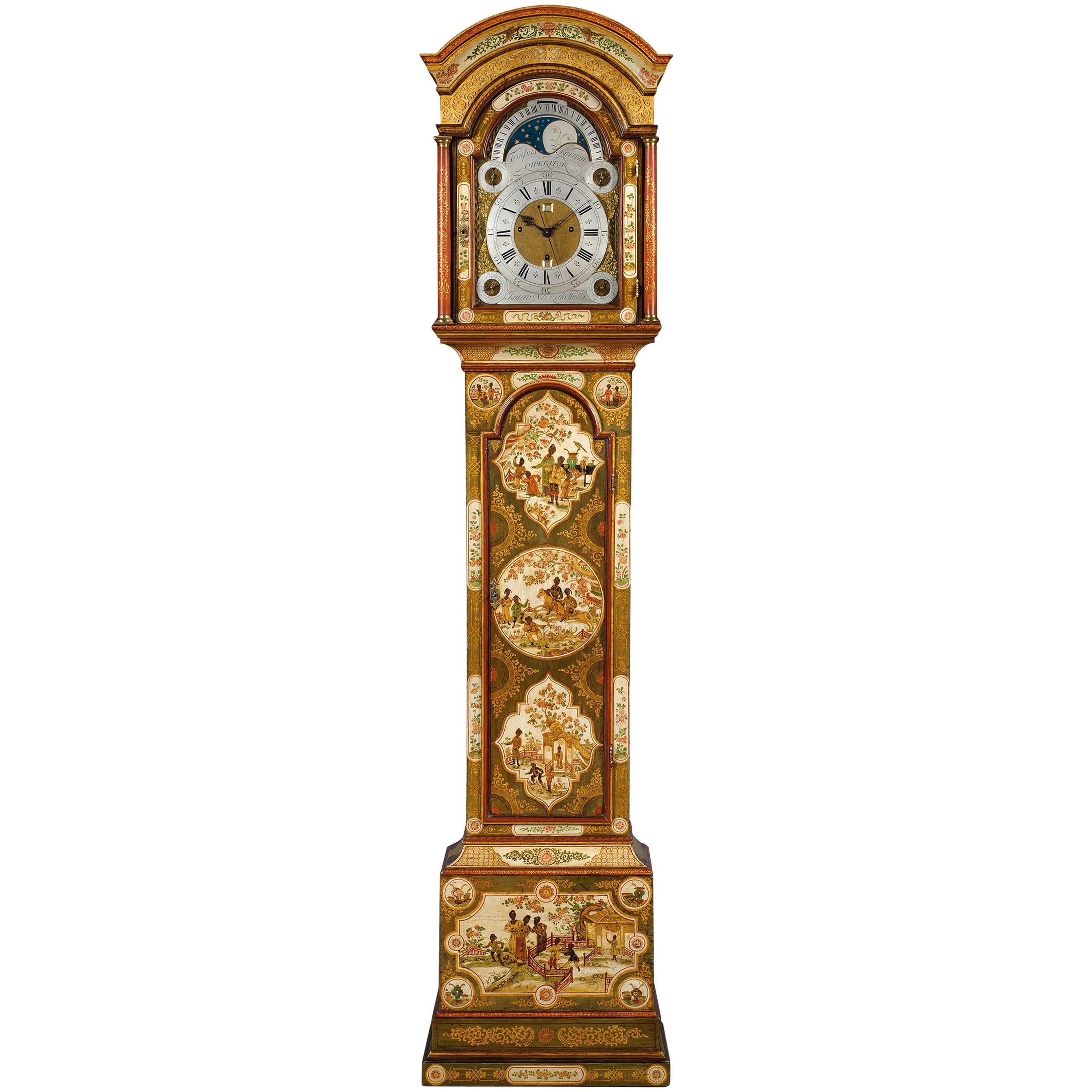 George II Period Cream Lacquer Longcase Clock by Isaac Nickals For Sale