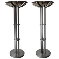 Pair of Lorin Marsh Brushed Steel and Brass Torchiere Floor Lamps
