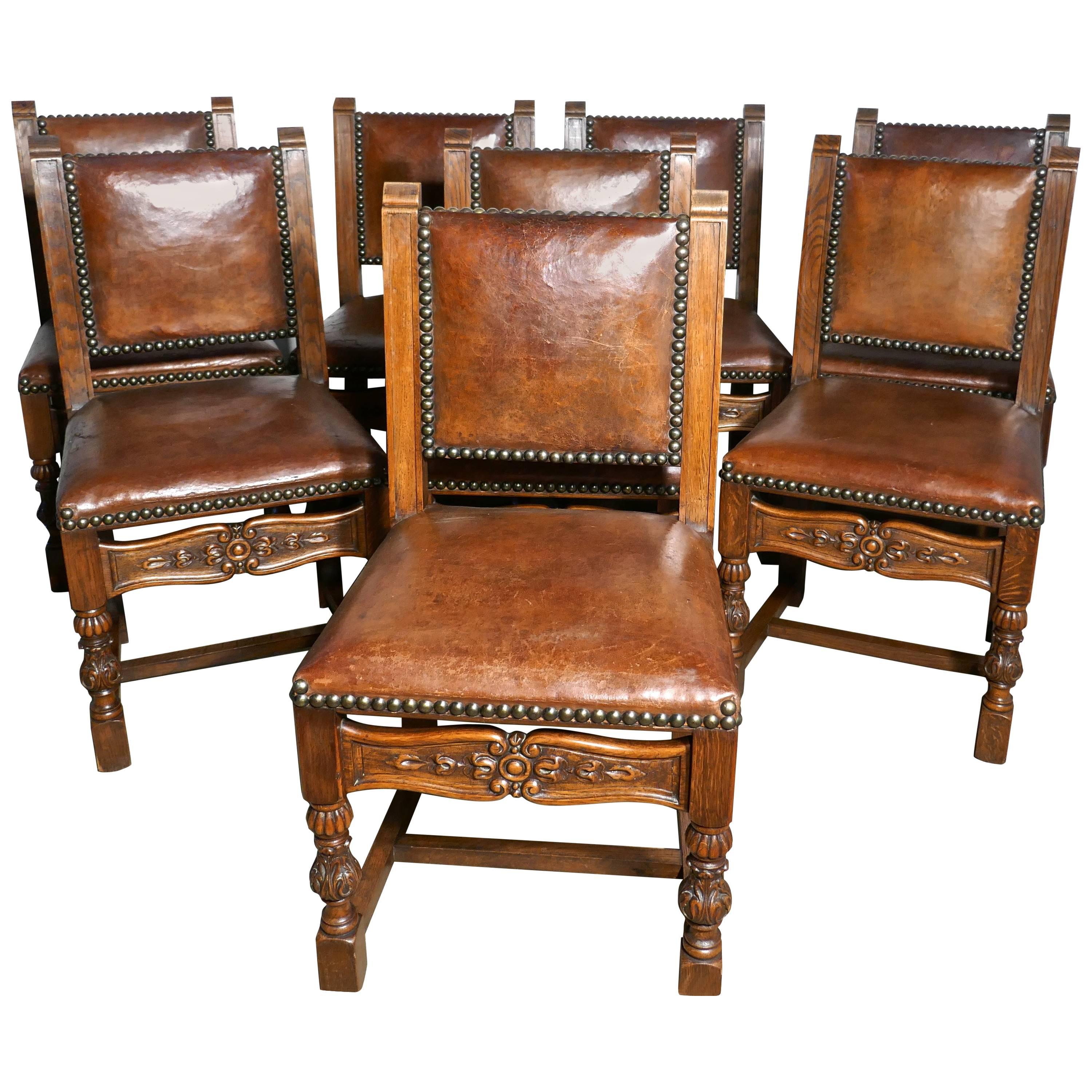 Set of Eight, 19th Century Carved Oak and Leather Dining Chairs