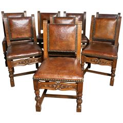 Set of Eight, 19th Century Carved Oak and Leather Dining Chairs