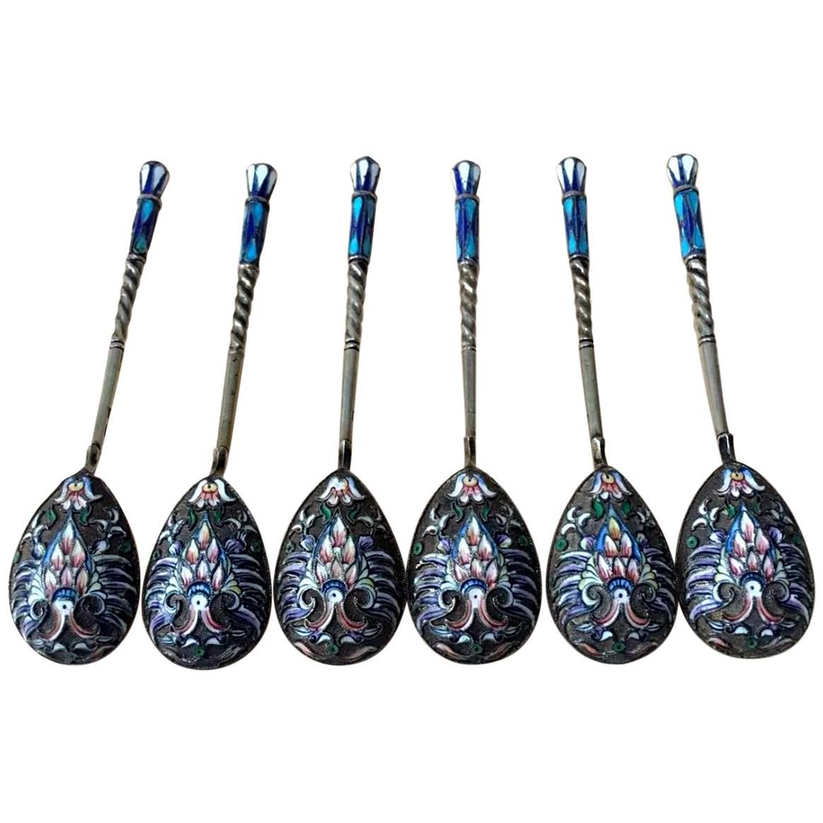 Good Set of Six Russian Imperial Silver Cloisonné Enamel Spoons