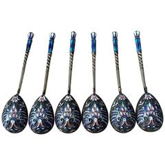 Good Set of Six Russian Imperial Silver Cloisonné Enamel Spoons 9