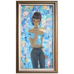 Vintage 1970s Igor Pantuhoff Oil on Canvas Brunette Girl in Blue