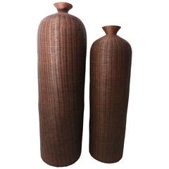 Vintage Set of Two Woven Reed Vase Form Baskets