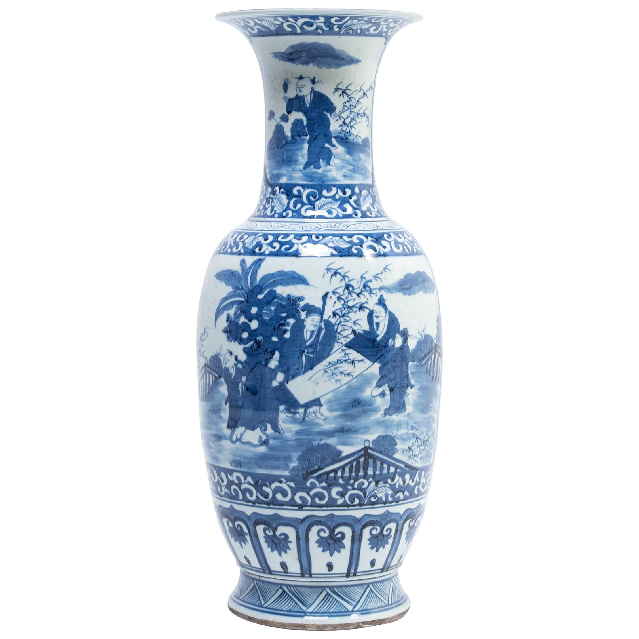 Chinese Blue and White Scholar's Garden Fantail Vase