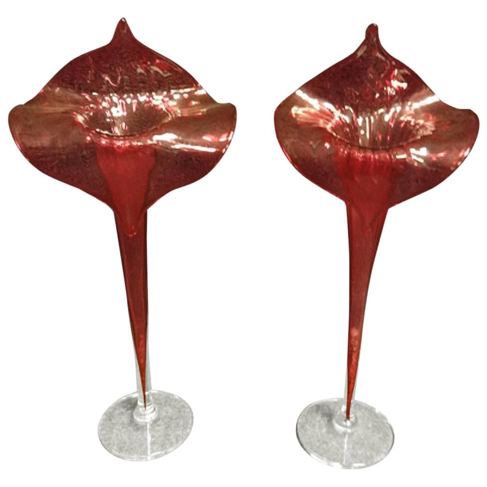 Pair of 'Jack in the Pulpit' Victorian Cranberry Vases For Sale