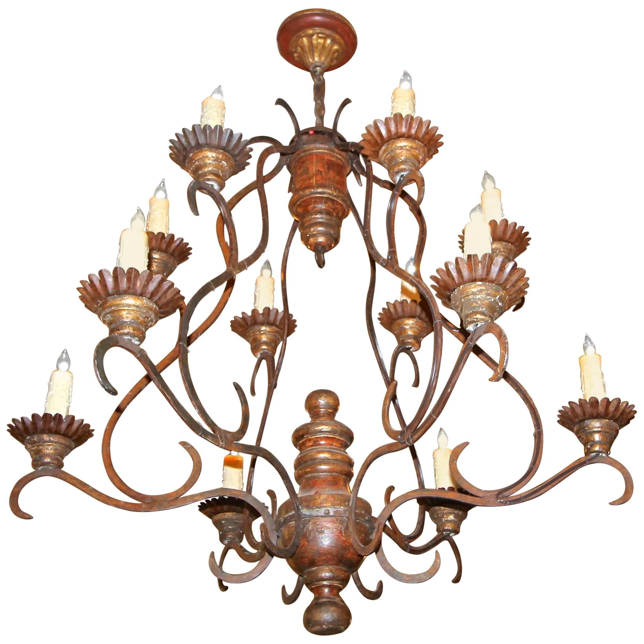 Large Italian Cage Form Giltwood and Iron Painted Chandelier