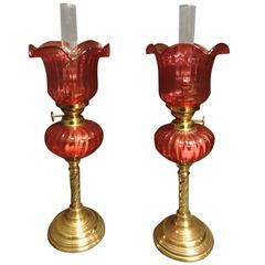 Antique Good Pair of Cranberry Oil Lamps