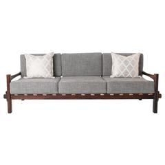 Brazilian Rosewood and Leather Strap Sculptural Sofa in Gray Fabric 8