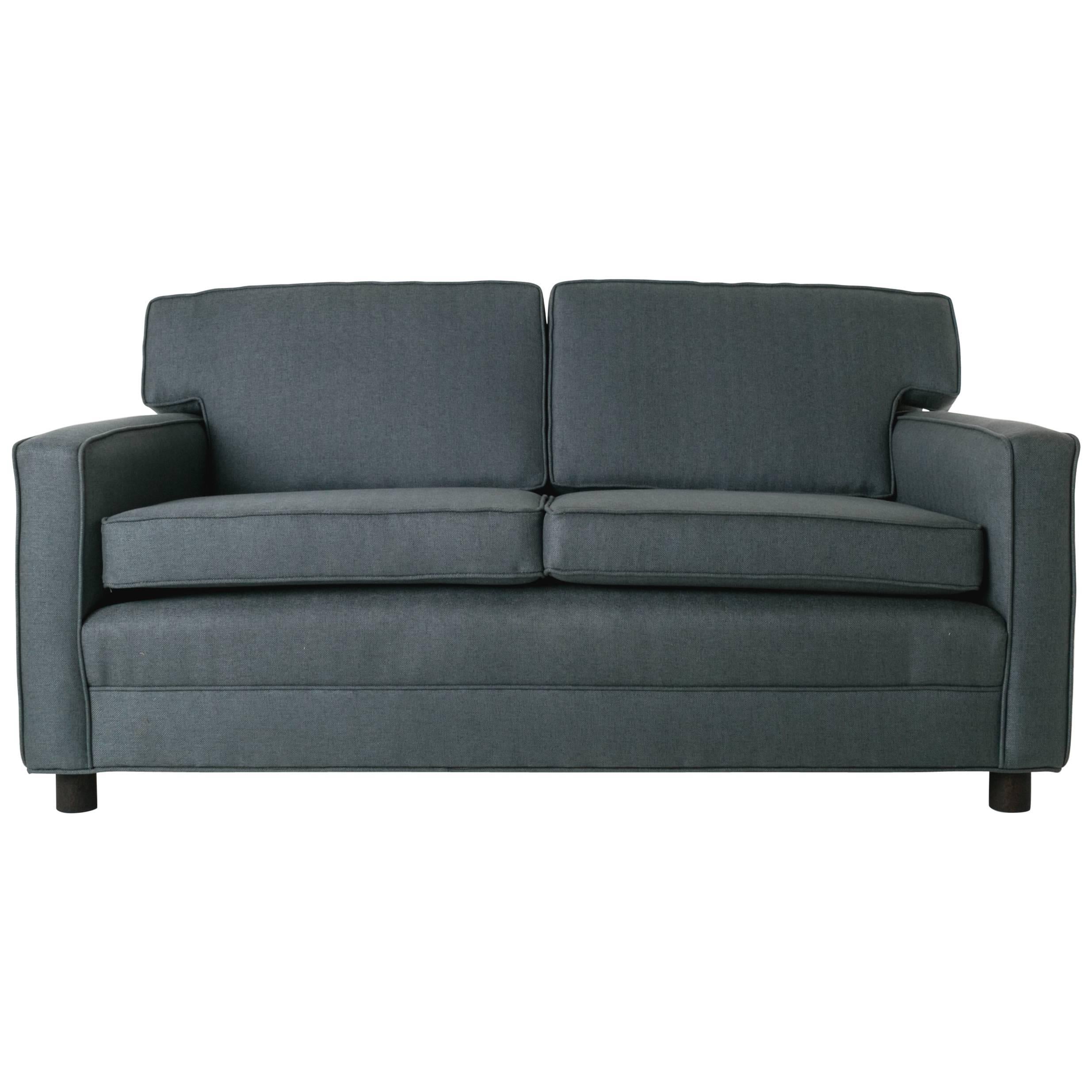 Mid-Century Angular Gray Sofa Love Seat Settee with Black Oil Walnut Feet For Sale