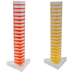 Set of Two Lucite Triangular Shaped Sculptures in Clear, Orange and Yellow