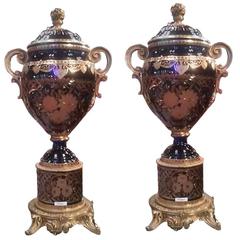 Rare Magnificent Pair of Amber Blue Crystal Bronze Centerpiece Vase Urns