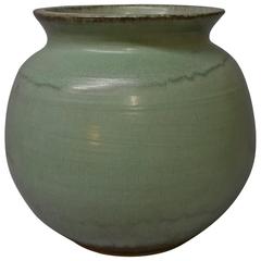 Tall Light Jade Green Pewabic Pottery Vase, Detroit, MI