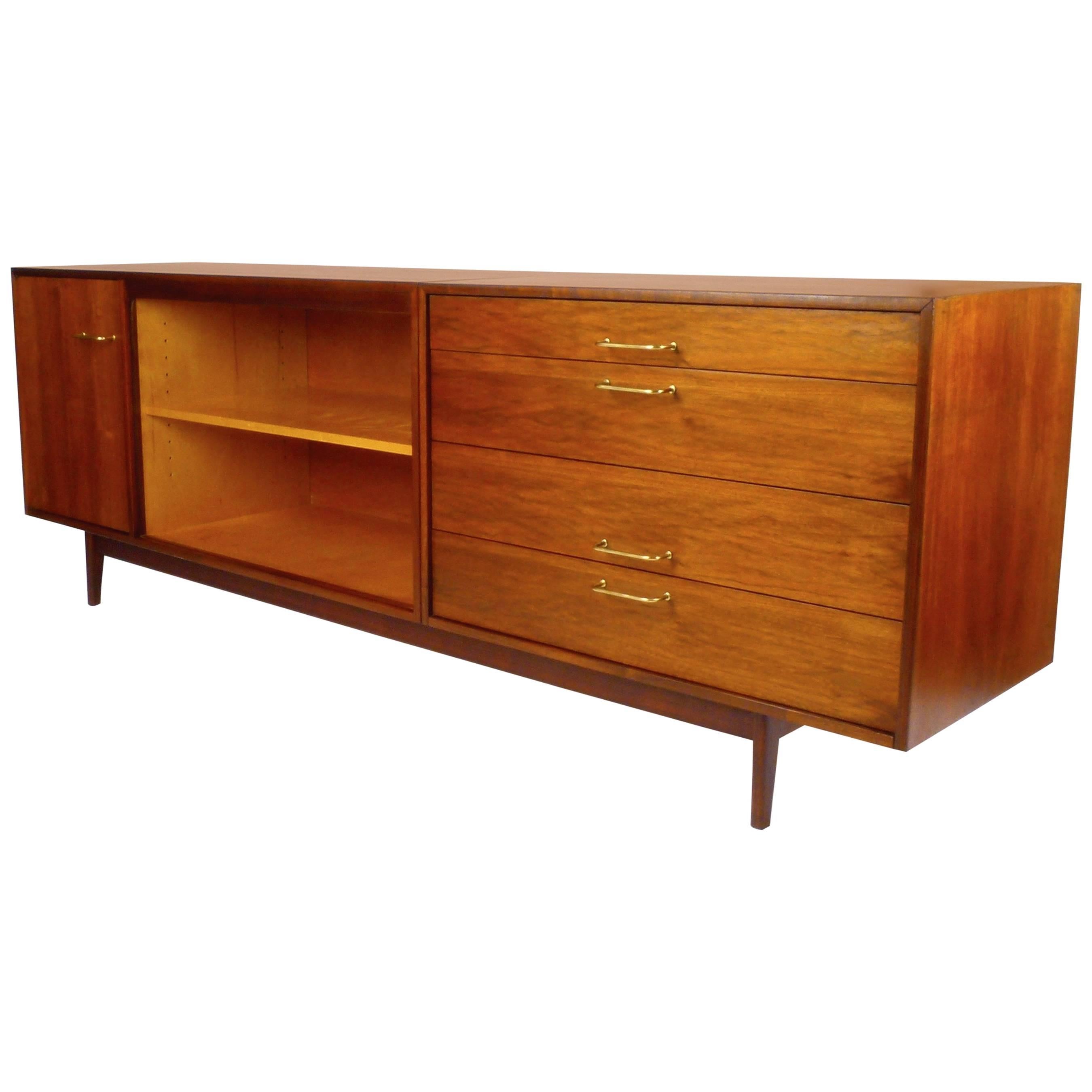 Jens Risom Design Oiled Walnut Credenza with Brass Pulls