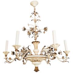 White Painted 20th Century Six-Light Wooden Chandelier