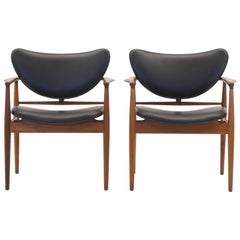 Finn Juhl Model 48 Teak Chairs, Early Baker Production, New Black Leather, Pair