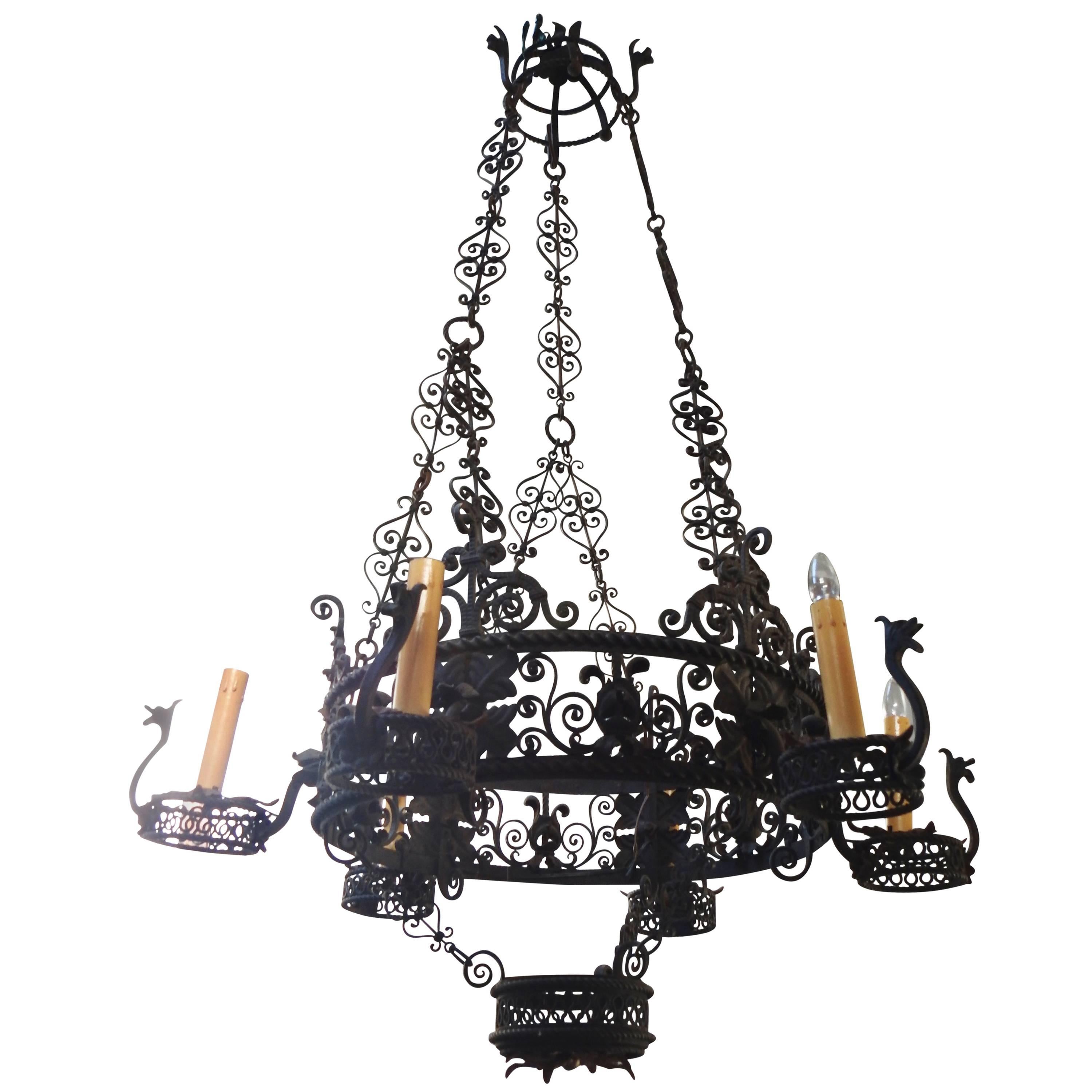 19th Century Spanish Wrought Iron Chandelier