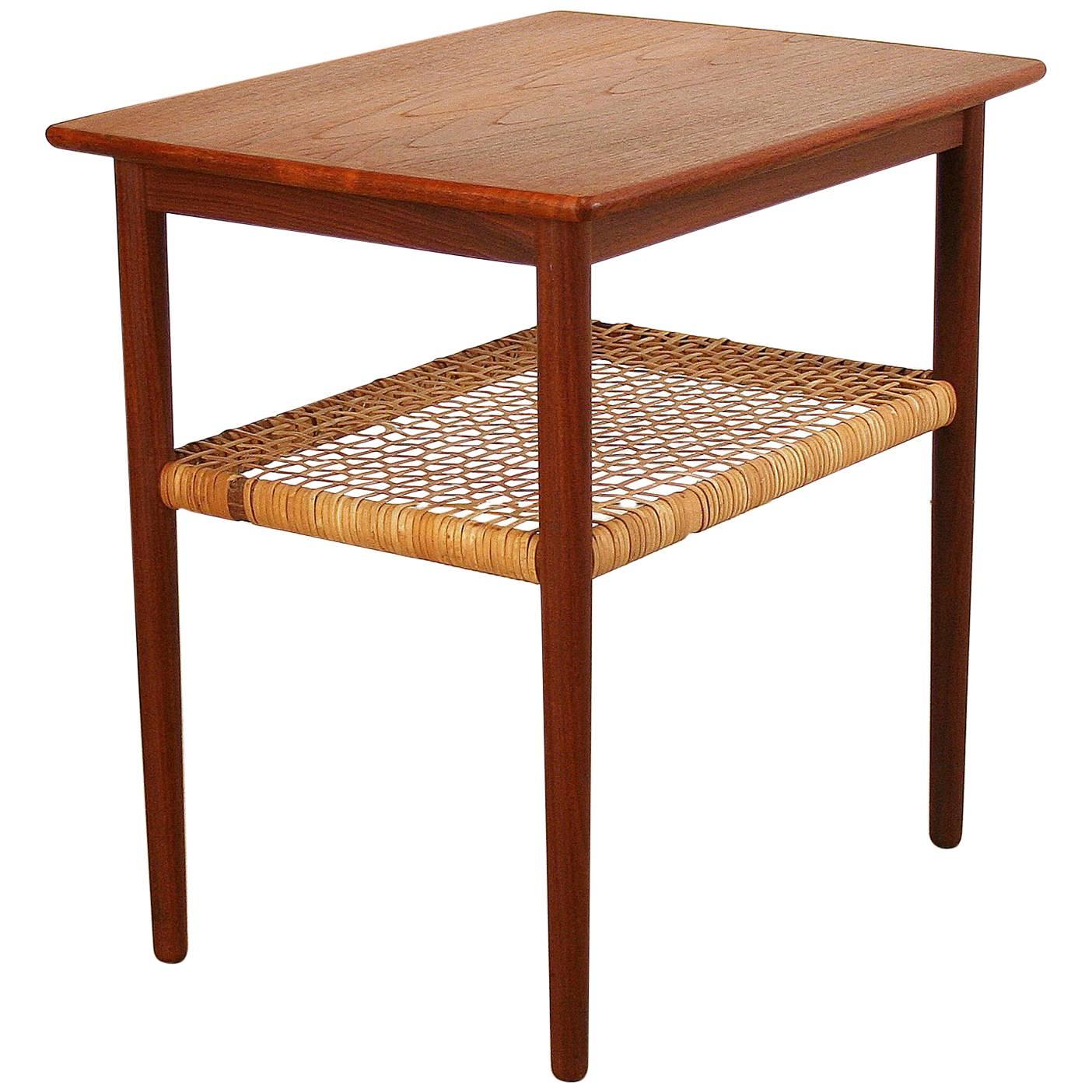 Vintage Danish Teak and Cane Side Table For Sale at 1stDibs