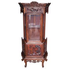 Antique Chinese Padauk Hand-Carved Display Cabinet Relief Carving