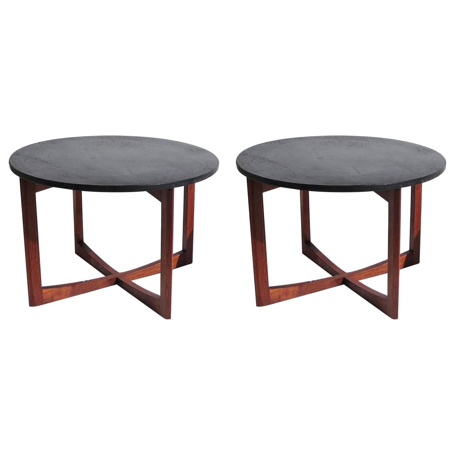 Pair of Mid-Century Side Tables in Walnut and Slate