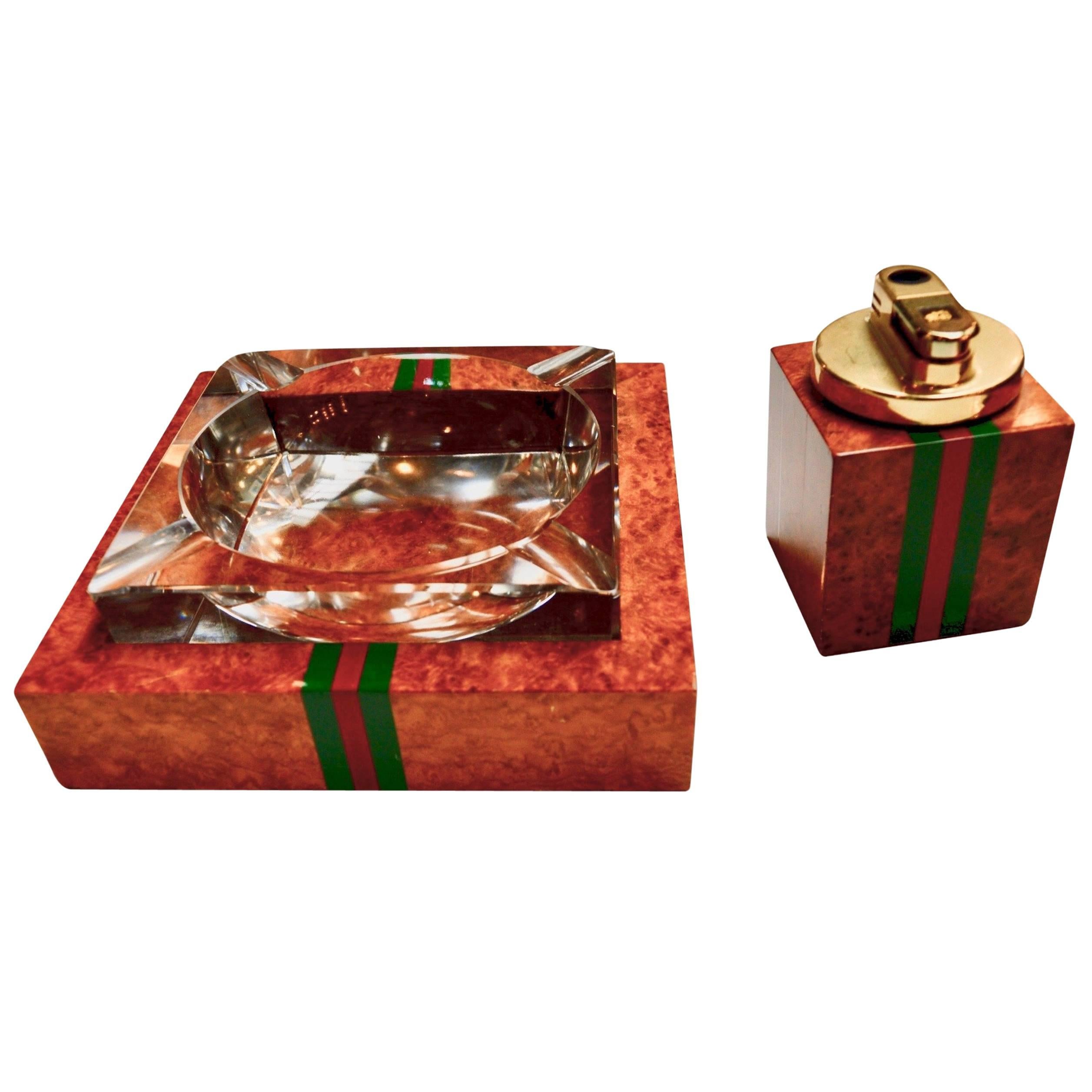 Gucci Lighter and Ashtray Set in Burl Wood