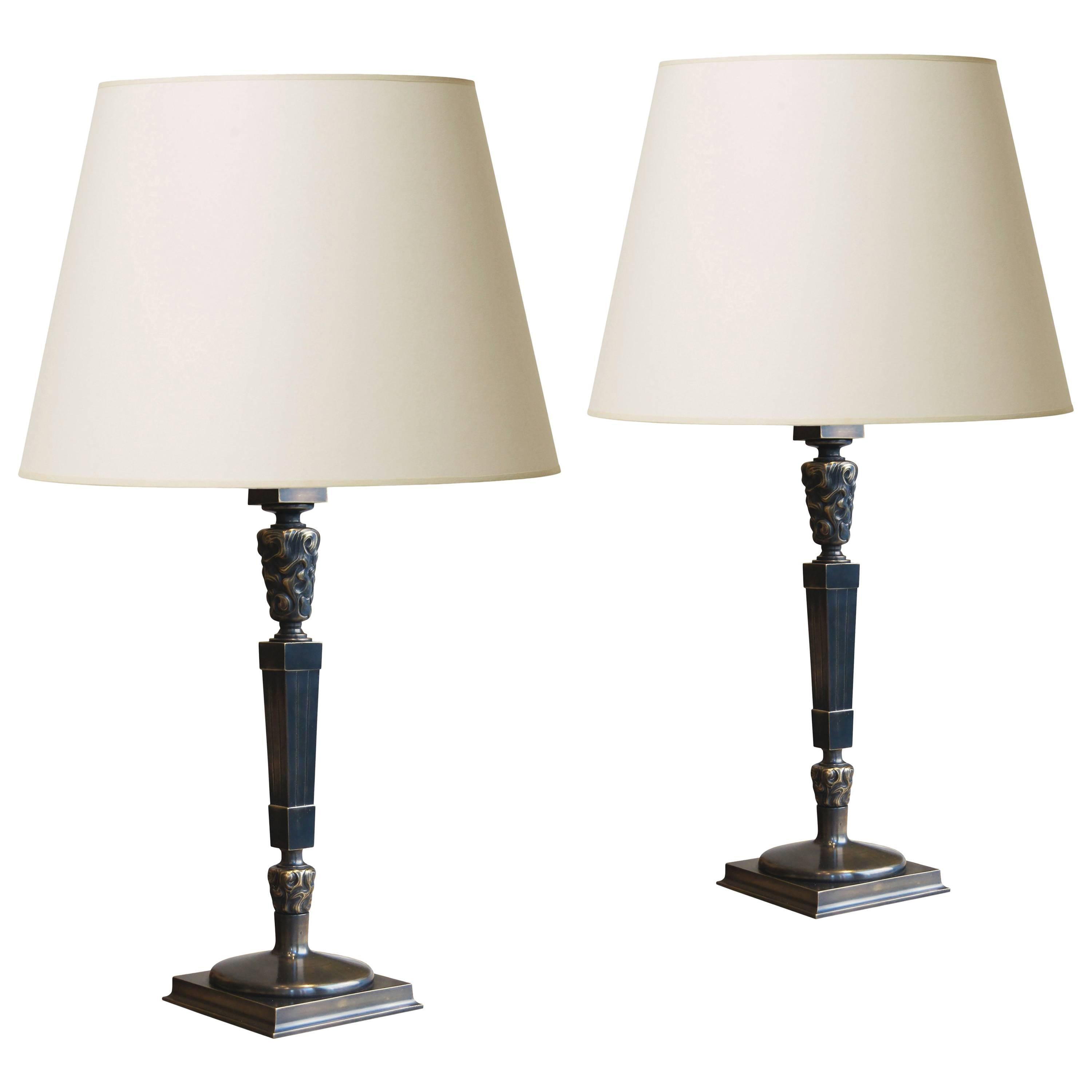 Pair of Promethian Torch Theme Table Lamps in Bronze by Thorvald Bindesbøll For Sale