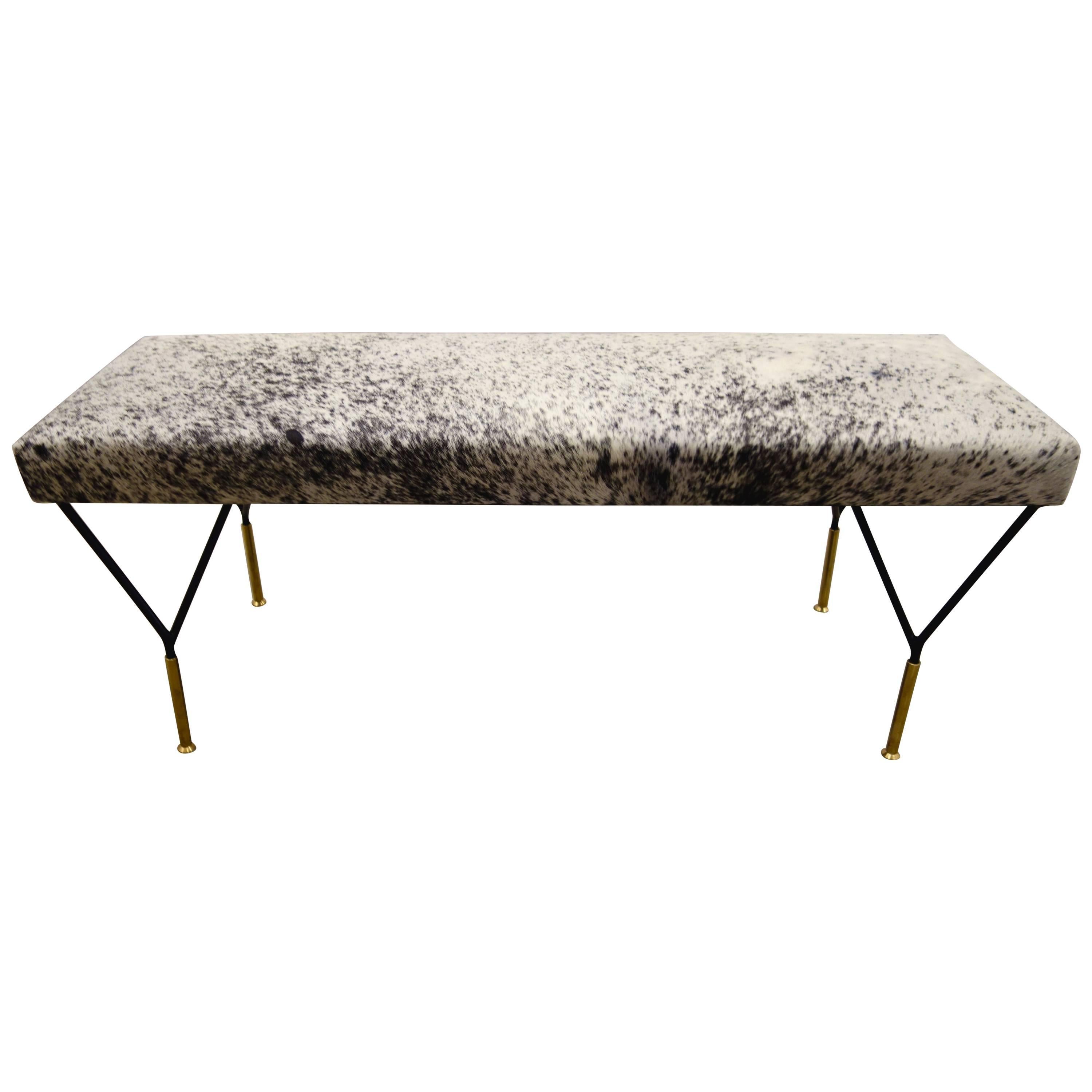 Mid-Century Italian Metal & Brass Bench in Black & White Cowhide, Pair Available